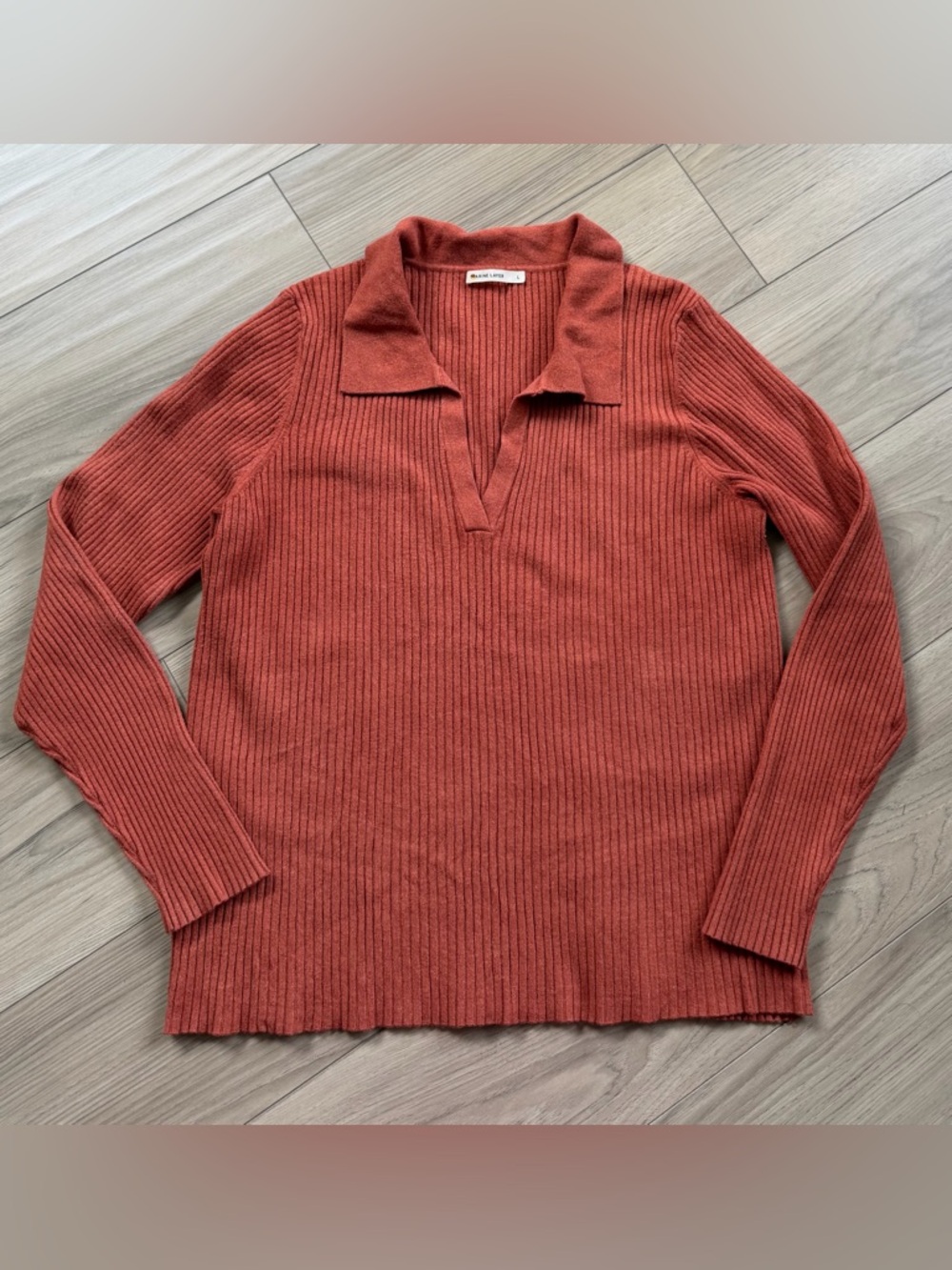 Marine Layer Lexi Rib V Neck Polo Sweater Rust Large Heavy